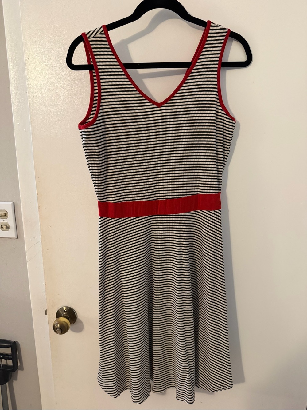 Kaileigh Black & White Striped V-Neck Dress with Red Trim